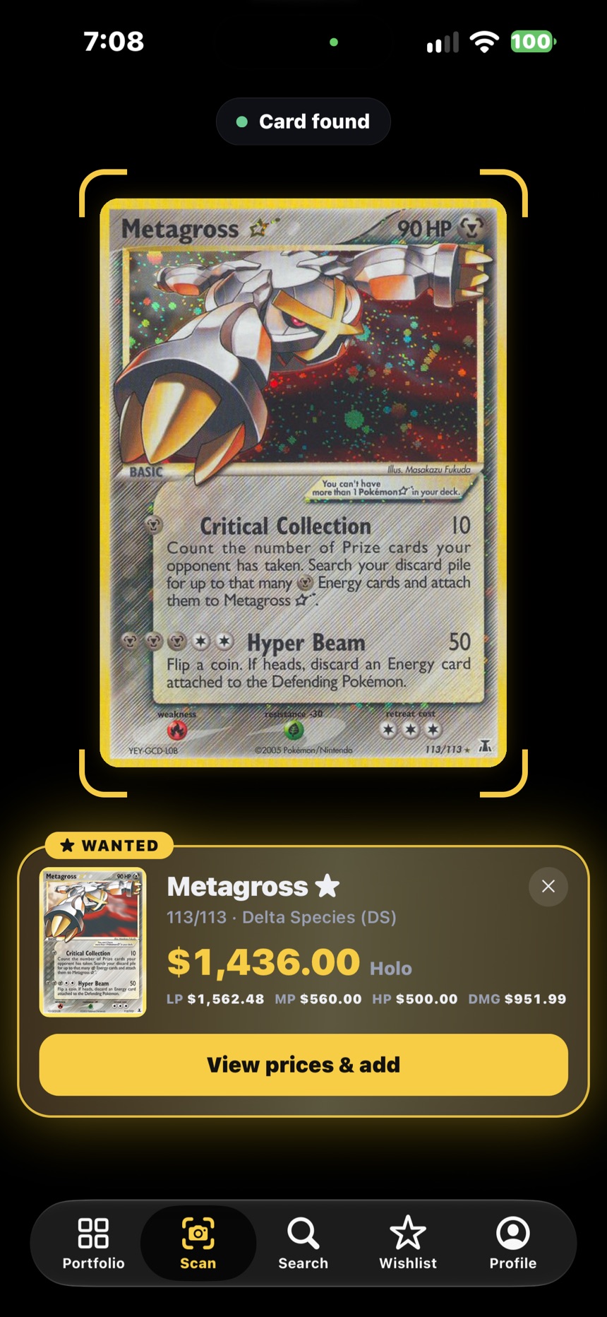 NearMint scanning a Metagross Star on the wishlist, flagged WANTED